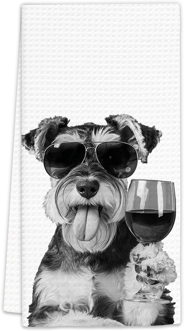 FIicy Schnauzer Gifts Wine Dog Kitchen Towels, Gifts for Schnauzer Dog Wine Lovers Decorative Hand Dish Towel for Kitchen Home Bar, Funny SchnauzerDog WineLover Home Bar Kitchens Decor(16x24 Inch) - Image 1